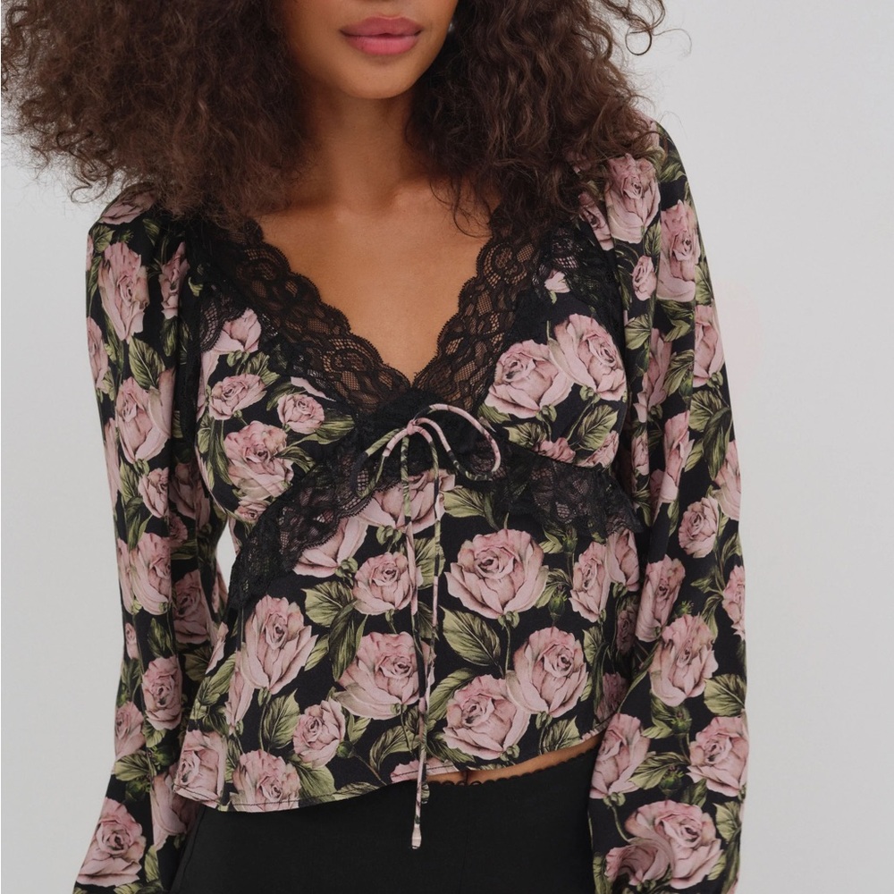 For Love & Lemons Pink Rose Lace-Trim Floral Blouse